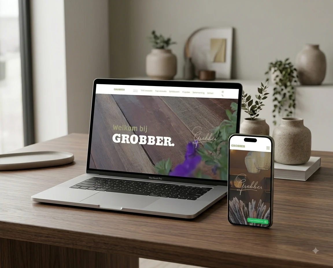 Mock-up van de Grobber website op een laptop en telefoon